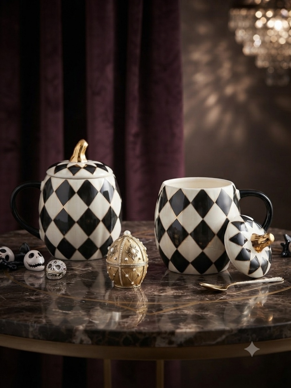 Harlequin Black & White Ceramic Mug with Lid